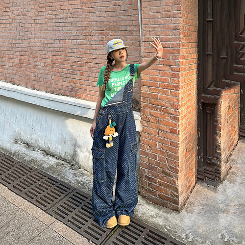波点工装背带裤高街直筒阔腿长裤
