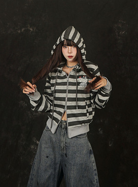 NNK美式复古拼色条纹连帽开衫卫衣女宽松休闲百搭ins短款外套潮