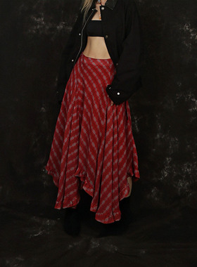 NNK 美式复古格纹红色半身裙女四季高腰中长款不规则木耳边格子裙