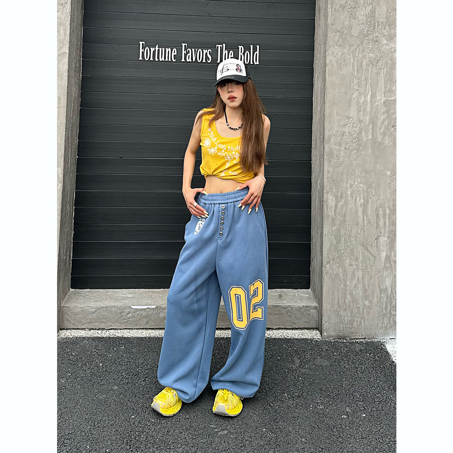 NNK美式复古字母印花运动卫裤男女宽松显瘦阔腿长裤蓝色休闲裤子