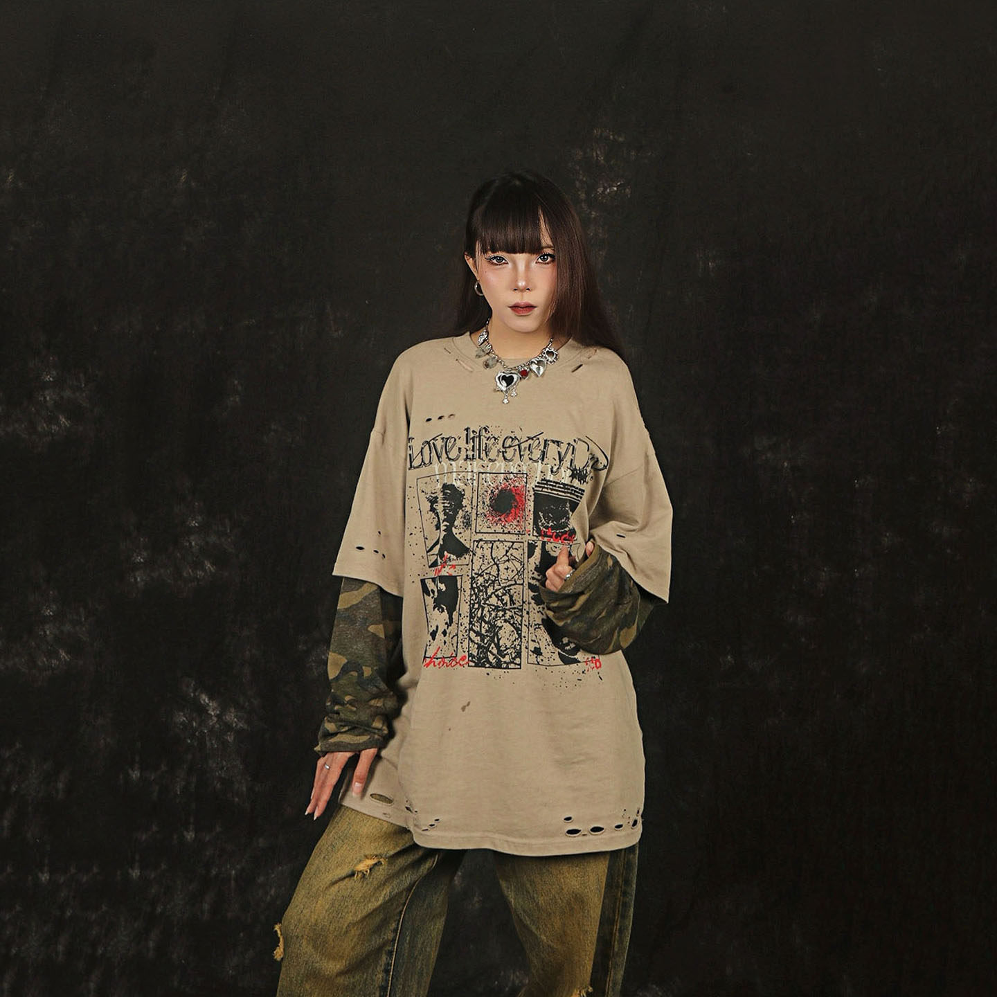 NNK秋季新款美式复古假两件长袖T恤男女痞帅高级感迷彩拼接上衣潮