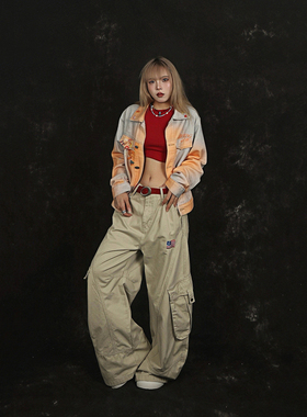 NNK美式复古刺绣多口袋弯刀工装裤男女街头拖地阔腿cleanfit长裤