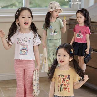 夏季童装女童短袖T恤木耳花边趣味彩色印花宽松短袖显瘦短款上衣