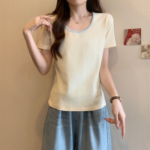 40支纯棉210克92棉/8氨纶2025夏装短袖T恤女撞色