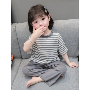 莫代尔儿童夏季薄款睡衣女童吸汗家居服宝宝条纹夏天空调服