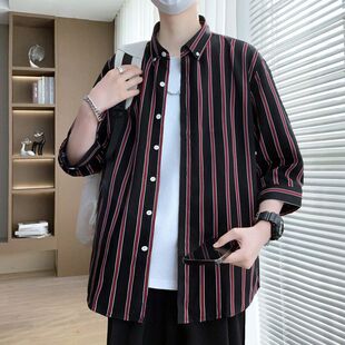 黑白条纹衬衫男长袖修身韩版发型师中袖七分袖短袖衬衣寸商务正装