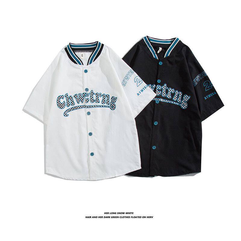 短袖棒球服vintage潮牌ins炸街外套男夏季学生嘻哈薄款五分袖衬衫