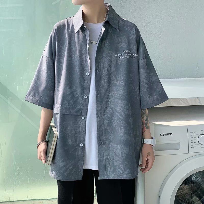 冰丝短袖男士衬衫夏季薄款港风日系宽松半袖痞帅休闲碎花衬衣外套图片