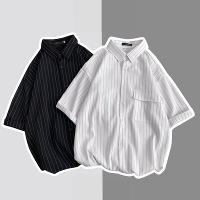 hark日系复古白衬衫男夏季冰丝短袖衬衣线条纹理宽松薄款