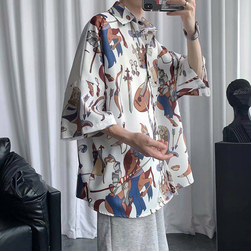 花衬衫女设计感小众夏季薄款衬衣宽松五分袖中袖复古港味网红ins