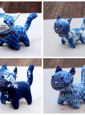 手工扎染布艺小猫摆件蓝白小猫装饰品家居工艺品旅游伴手礼