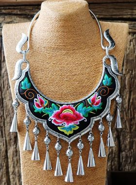 云南民族风绣花苗银项链