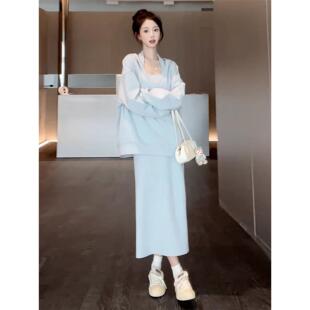 长裙 韩系慵懒穿搭卫衣套装 2025新款 蓝色挂脖吊带连衣裙子女早秋季