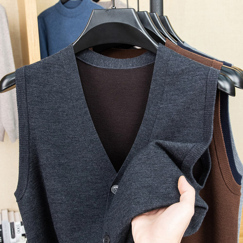轻奢精纺100%羊毛马甲男士春秋双面异色 V领无袖坎肩外套休闲开衫