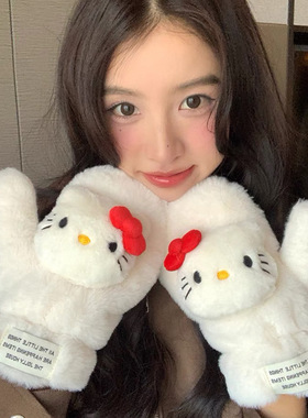 可爱毛绒手套女秋冬季骑行保暖加绒学生骑车加厚防风防寒挂脖连指