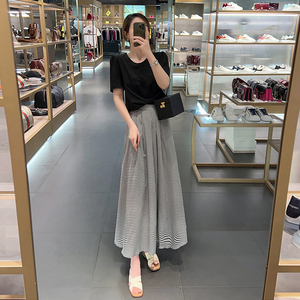 黑色套装女2023新款时尚两件套气质显瘦半身裙T恤雪纺连衣裙女夏