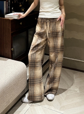 欧洲站2025秋季新款V+.COM抽绳松紧腰黄色格子直筒休闲裤拖地长裤