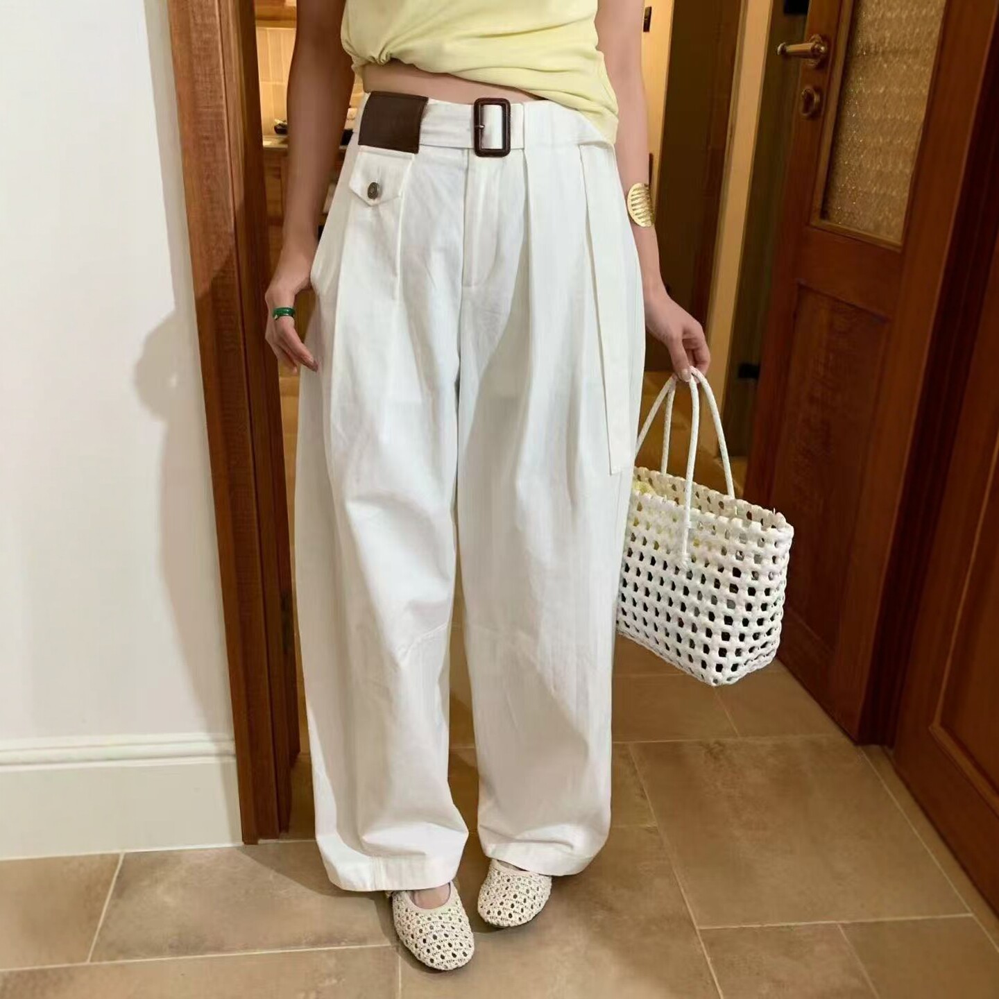 欧洲站2026春季新款V+.COM高腰显瘦拼接口袋百搭阔腿休闲裤女6685