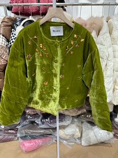 欧货2025冬季新款中式真丝丝绒鹅绒羽绒服女手工钉珠亮片复古外套