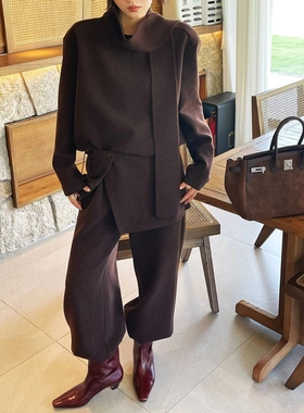 欧洲站2025秋冬新款V+.COM飘带减龄长袖上衣门帘阔腿裤套装65663