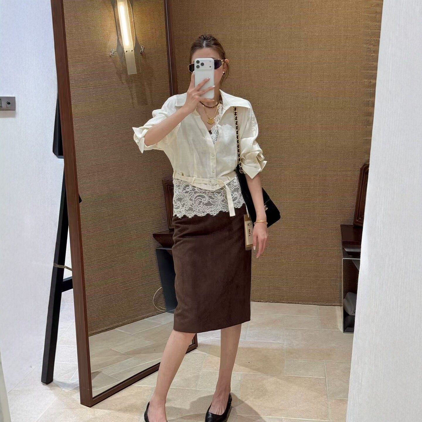 拼蕾丝两件套翻领收腰显瘦衬衫女