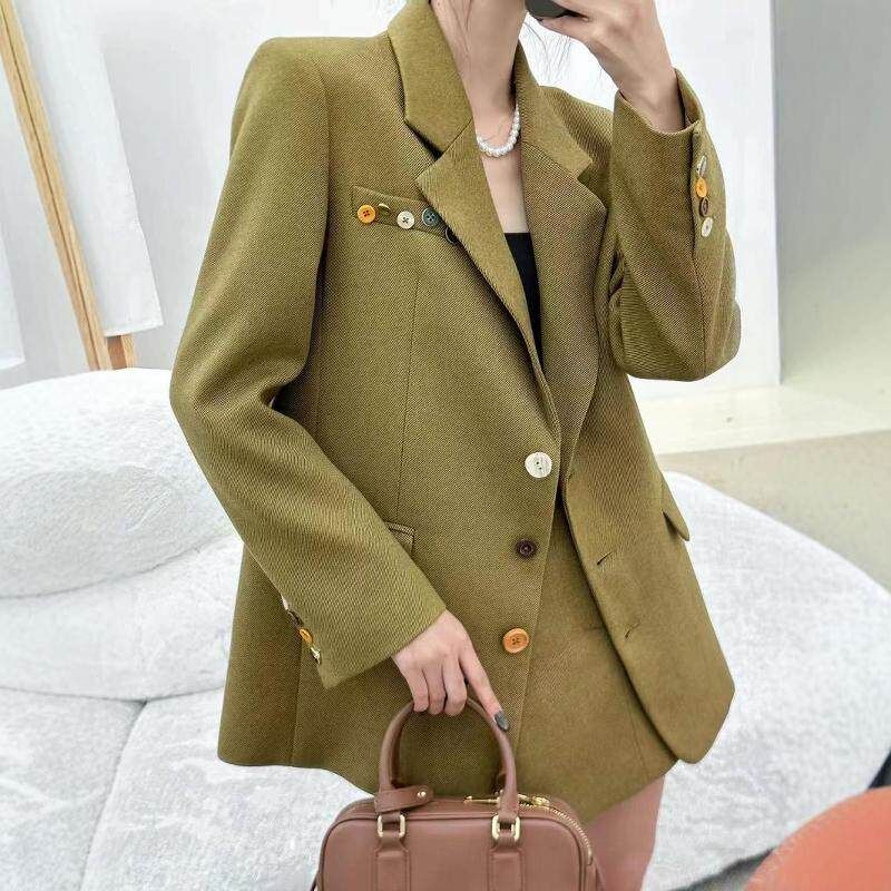 欧洲站2025秋季新款V+.COM彩色多扣休闲长袖西装外套半身裙裤套装