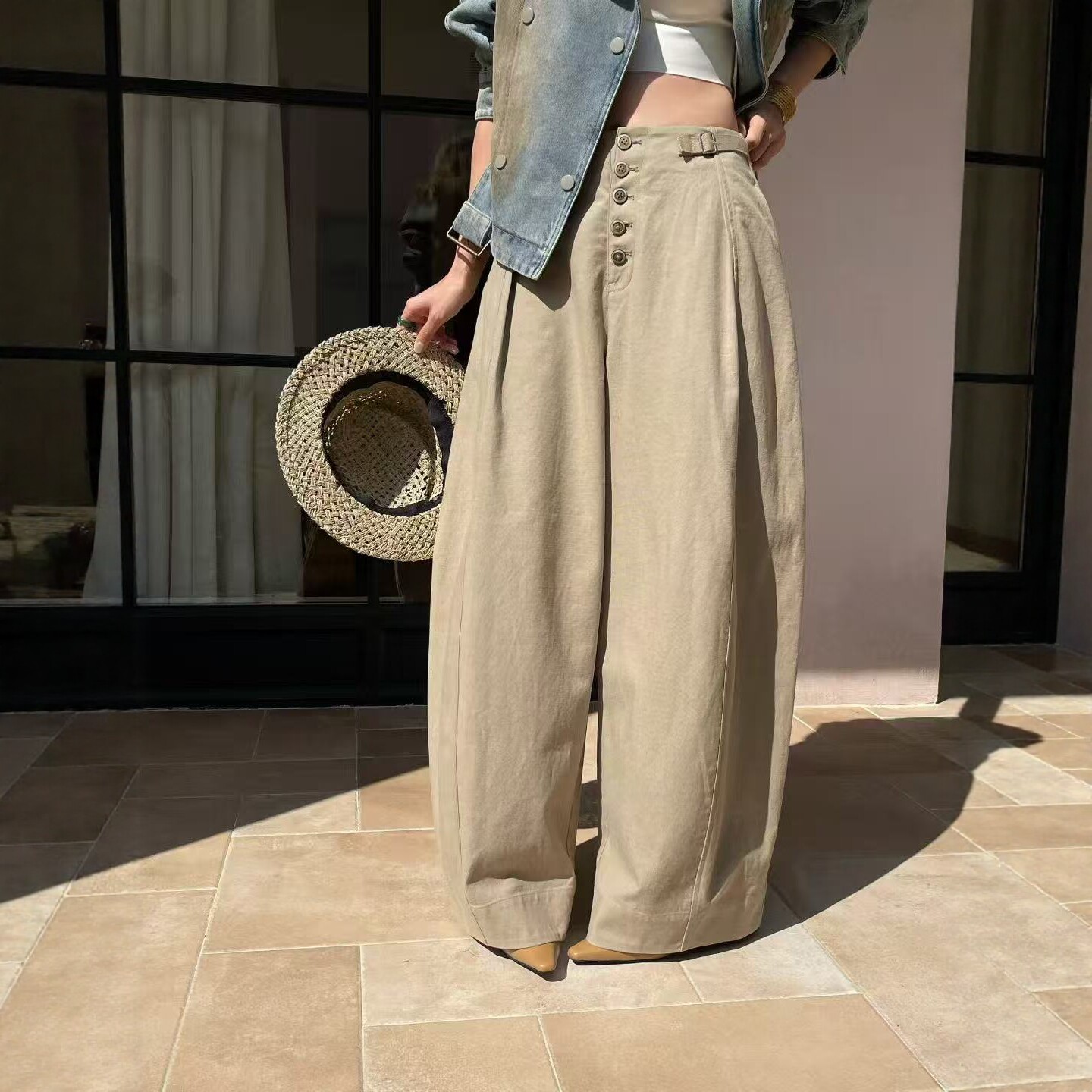 欧洲站2026春季新款V+.COM高腰排扣极简风百搭阔腿休闲裤女25337