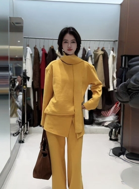 欧洲站2025冬季新款V+.COM韩系时尚黄色圆领上衣屁帘直筒裤套装女