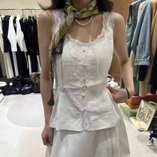 .COM时尚 性感拼蕾丝收腰褶皱下摆背心吊带女 新款 欧洲站2026夏季