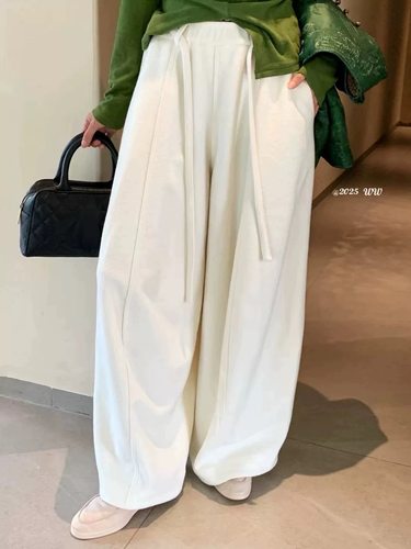 欧洲站2025冬季新款V+COM抽绳松紧腰直筒裤百搭加厚阔腿休闲裤女