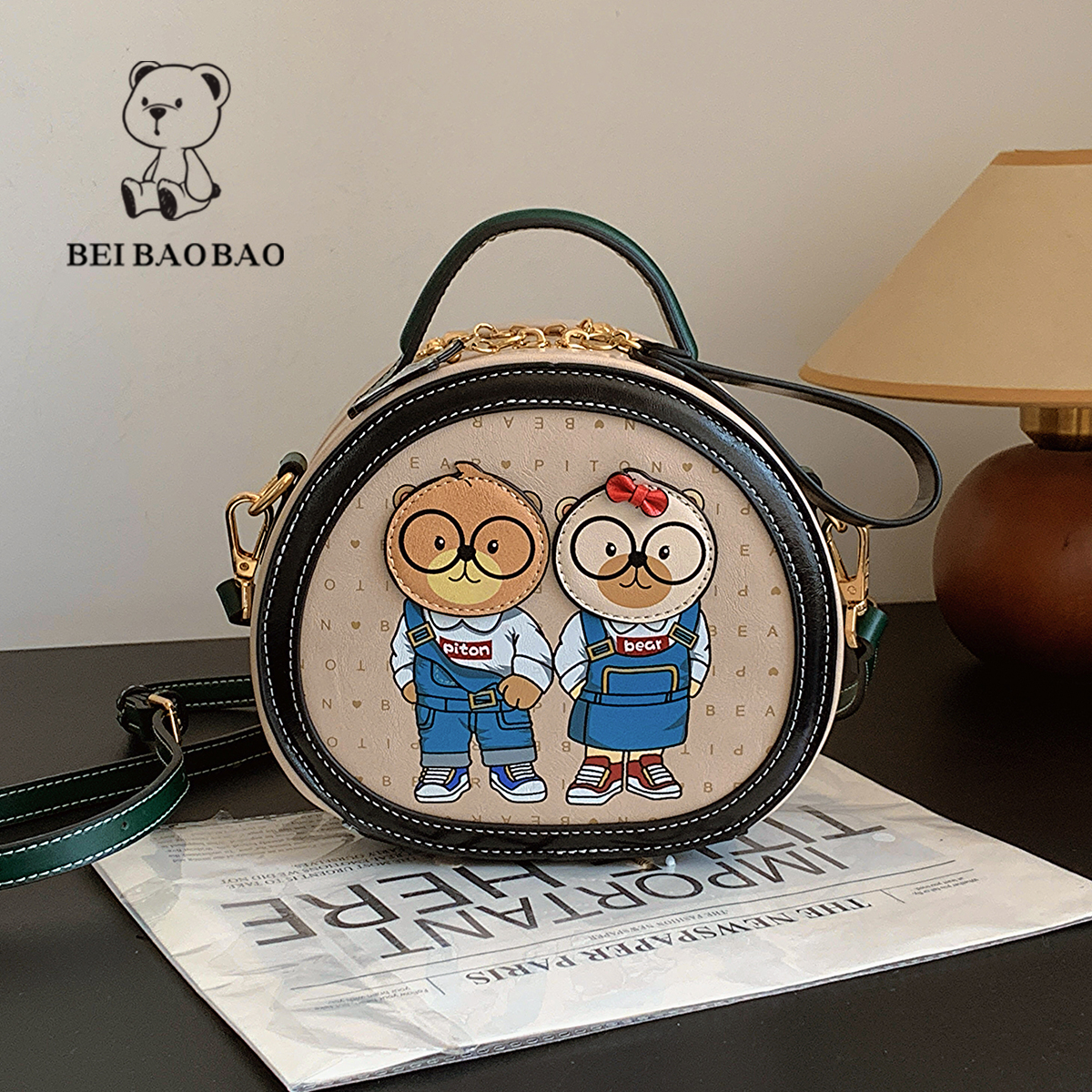 北包包洋气休闲时尚单肩斜挎包圆饼卡通包包通勤撞色韩版小熊女包