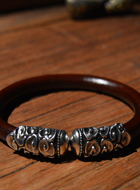 新款无结鸡血藤手镯翔云银饰925银手环男女款錾刻银饰手工饰品