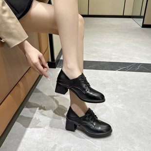 老上海登云女鞋真皮英伦风系带乐福鞋黑色粗跟圆头中跟百搭小皮鞋