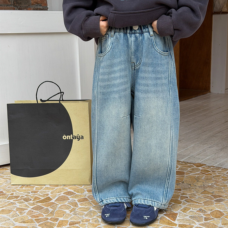 【加绒】女童裤子2025冬儿童高品质好版型时髦拼接复古做旧牛仔裤