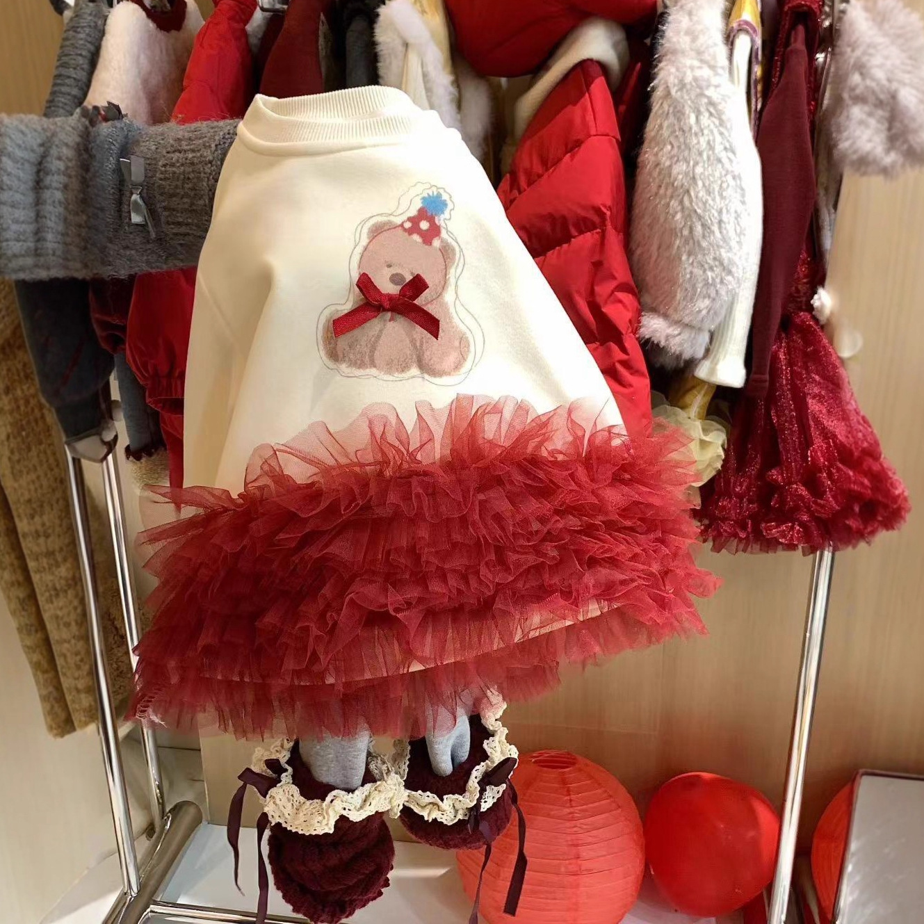 韩国童装女童圣诞节卡通小熊加绒拼纱卫衣连衣裙女宝宝洋气公主裙