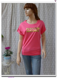 金色字母短袖 夏季 蝙蝠袖 棉质T恤衫 套头甜美粉红色圆领连肩修身