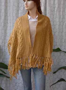绞花针织毛线围巾女秋冬保暖加厚时尚百搭流苏披肩两用姜黄色纯色