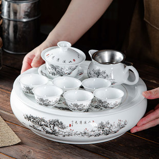 现代简约客厅待客喝茶茶壶盖碗圆形陶瓷泡茶盘 潮汕功夫茶茶具套装