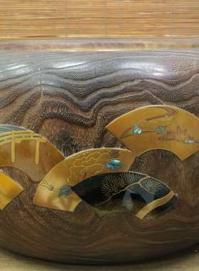 日本桐木铜胆金时绘嵌螺钿火钵，外径43厘米高24厘米，锅内径30