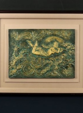 人间国宝北村西望作“天女之笛”铜画，框46x55厘米，画26x35厘米