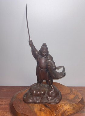 日本铜制财神惠比寿摆件，重2.03千克，高43厘米，宽度22厘米。