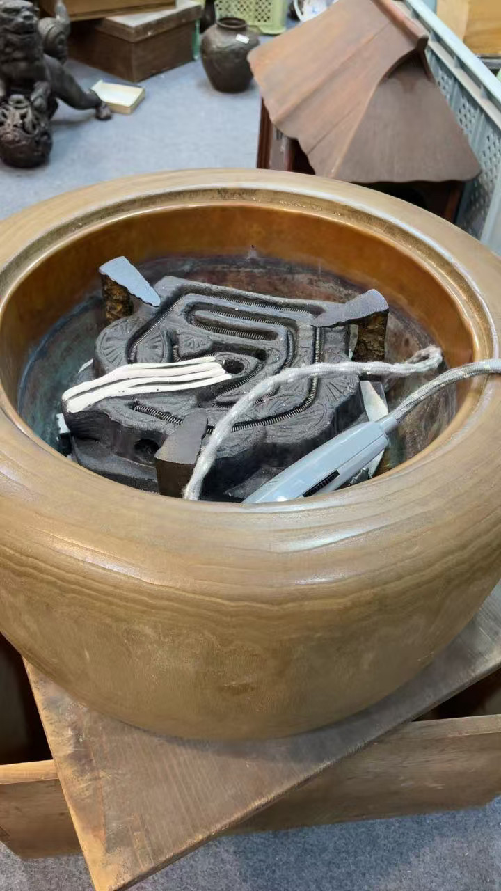 日本大直径桐木铜胆火钵配600瓦电炉，火钵外径44cm，带伍德供箱