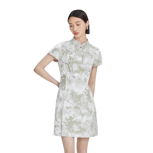 naivee纳薇新中式赴宴轻礼服S型印花收腰短袖旗袍裙连衣裙女