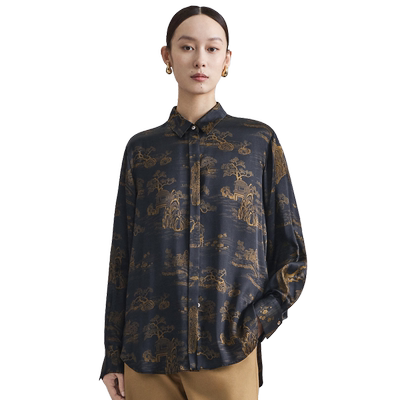 商场同款naivee纳薇秋新中式大气飘逸真丝桑蚕丝印花H型衬衫女