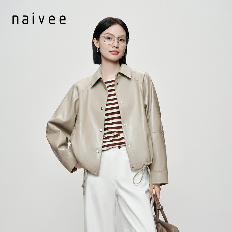 【摩登都市】naivee26春新款翻领抽绳廓形短夹克皮衣伽罗绿玛