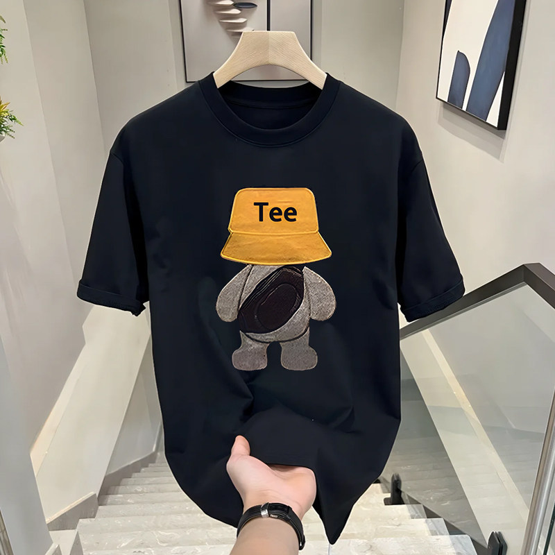 HEAVYWEIGHT COTTON TRENDY BRAND PRINTED T-SHIRT AMERICAN HANDSOME MENS SHORT SLEEVE SUMMER TREND ROUND NECK LOOSE AND VERSATILE HANDKERCHIEF