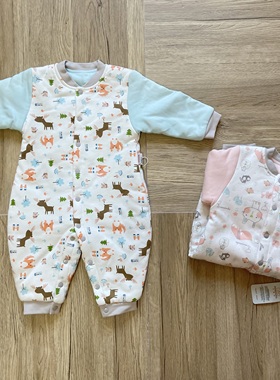 小米米minimoto冬季夹棉纯棉长袖对襟连体衣新生儿舒适爬行服