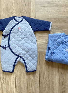 小米米minimoto新生儿绗缝夹棉长袖和式纯棉连身衣冬季宝宝爬行服