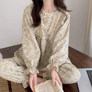 四季 日本代购 荷叶边家居服套装 纯棉长袖 睡衣 蝴蝶结碎花女春秋季