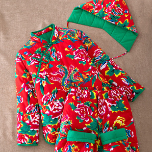 防寒加厚保暖棉衣3件套冬季 女士东北大花布盘扣棉袄棉裤 女中式